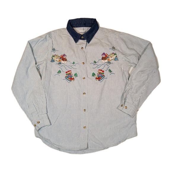VTG Denim Winter Christmas Snowman Bear Embroidered Button‎ Up Shirt Sz S 90s - Picture 2 of 8
